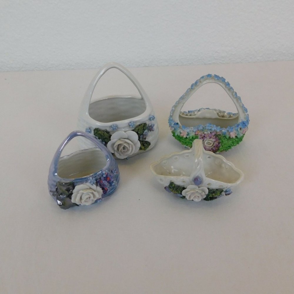 Elfinware Baskets Lot of 4 Moss Roses Forget Me Nots Ceramic Germany White Blue